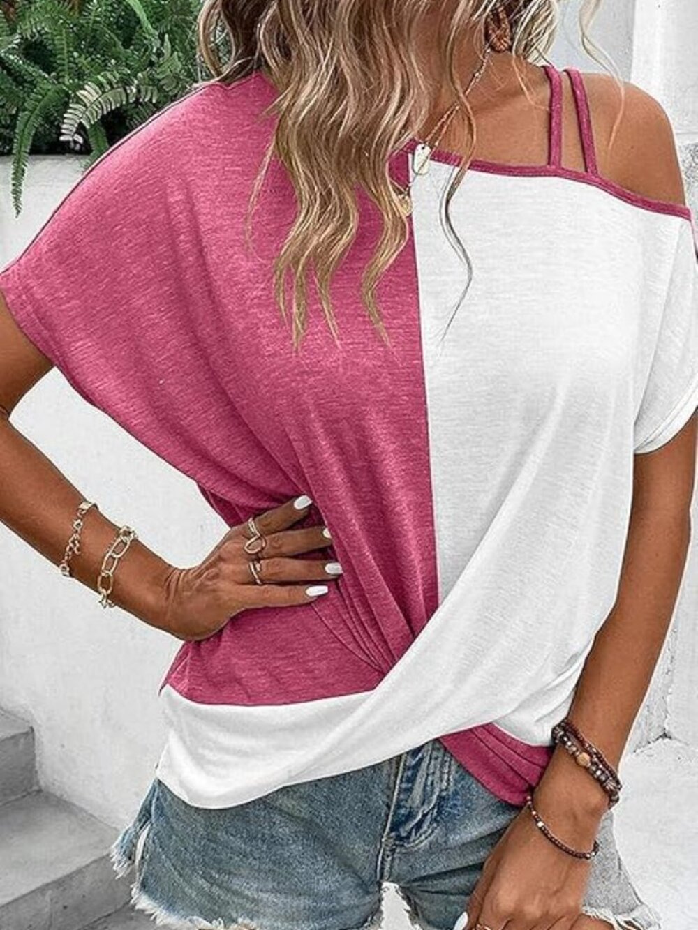 Pink & White Cold Shoulder Twist-Front Top | Medium